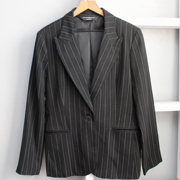 Norma Kamali Black White Pinstripe One Button Tailored Blazer Jacket Size 18 - Picture 1 of 6